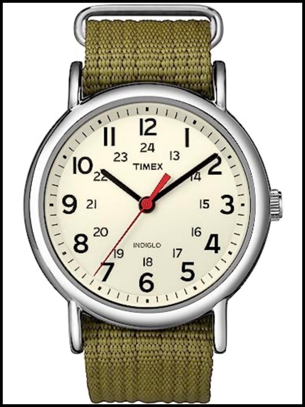 Unisex Analog Watch 38mm Nylon Slip Through Strap INDIGLO Backlight 24 Hour Time